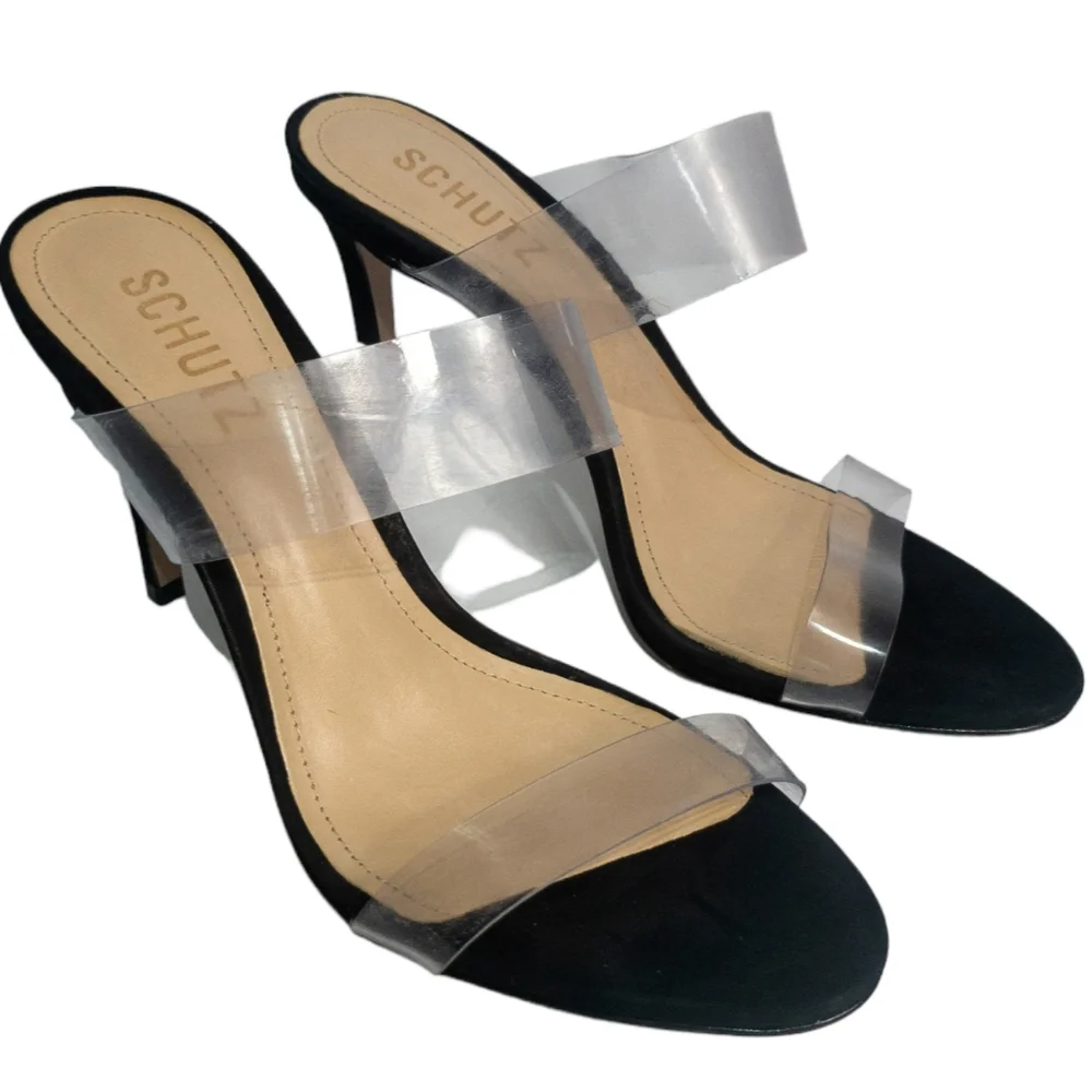 Schutz Ariella Clear Strap Slide Sandals Black 7 - Picture 4 of 6